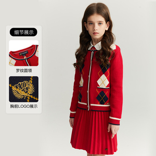 eland kids童装2024年早春品女童美式学院风菱纹针织套装