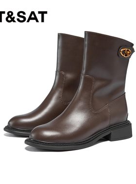 星期六时装靴冬季时尚圆头粗跟拉链女短靴SSC4116P0T