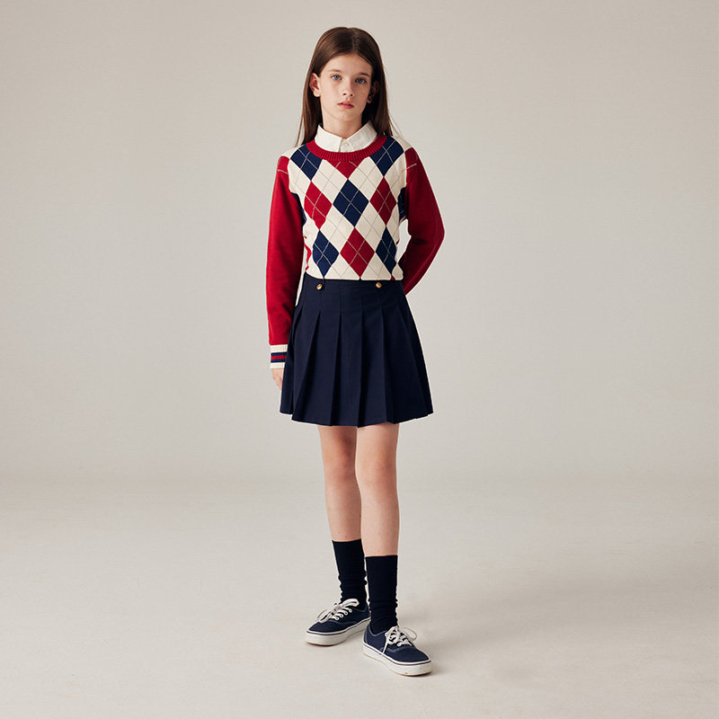 eland Kids衣童装女童半身裙春秋学院风大童百褶裙短裙EKWHE4922O