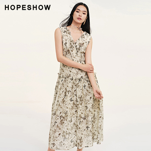 红袖/HOPESHOW高端碎花裙秋季女装收腰宽肩连衣裙89324291601