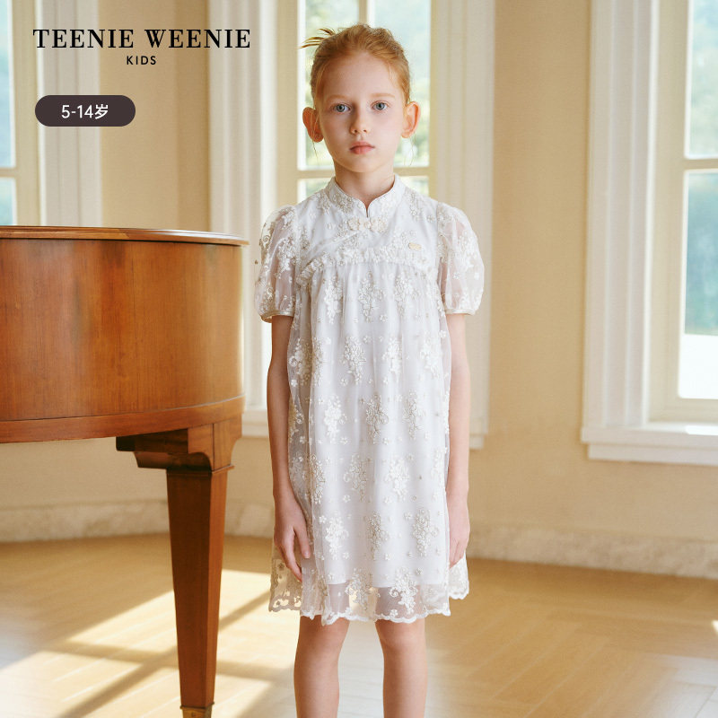 TeenieWeenie Kids小熊童装夏女童中式绣花蕾丝连衣裙TKOW242651A