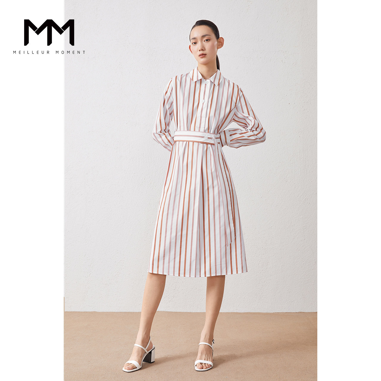 MM/麦檬秋季新款通勤风衬衫领条纹连衣裙女5B8195361图片