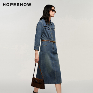 复古后开叉长裙89124261607 女装 红袖 HOPESHOW牛仔连衣裙秋季