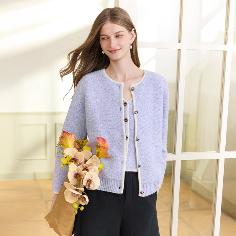 香影香芋紫针织开衫套装女2025冬季新款马甲高级感毛衣外套两件套