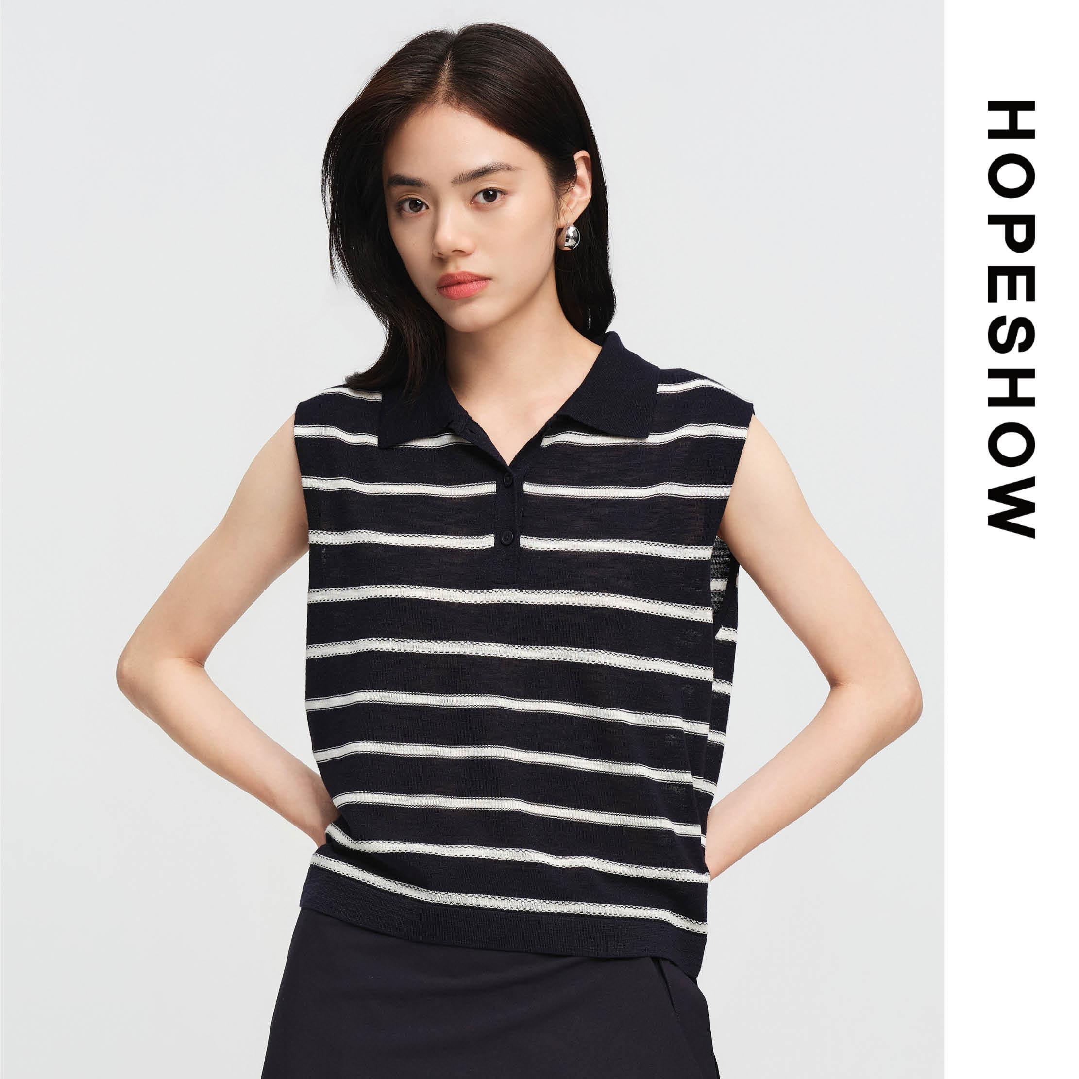 HOPESHOW红袖条纹无袖Polo领毛针织衫89126220104
