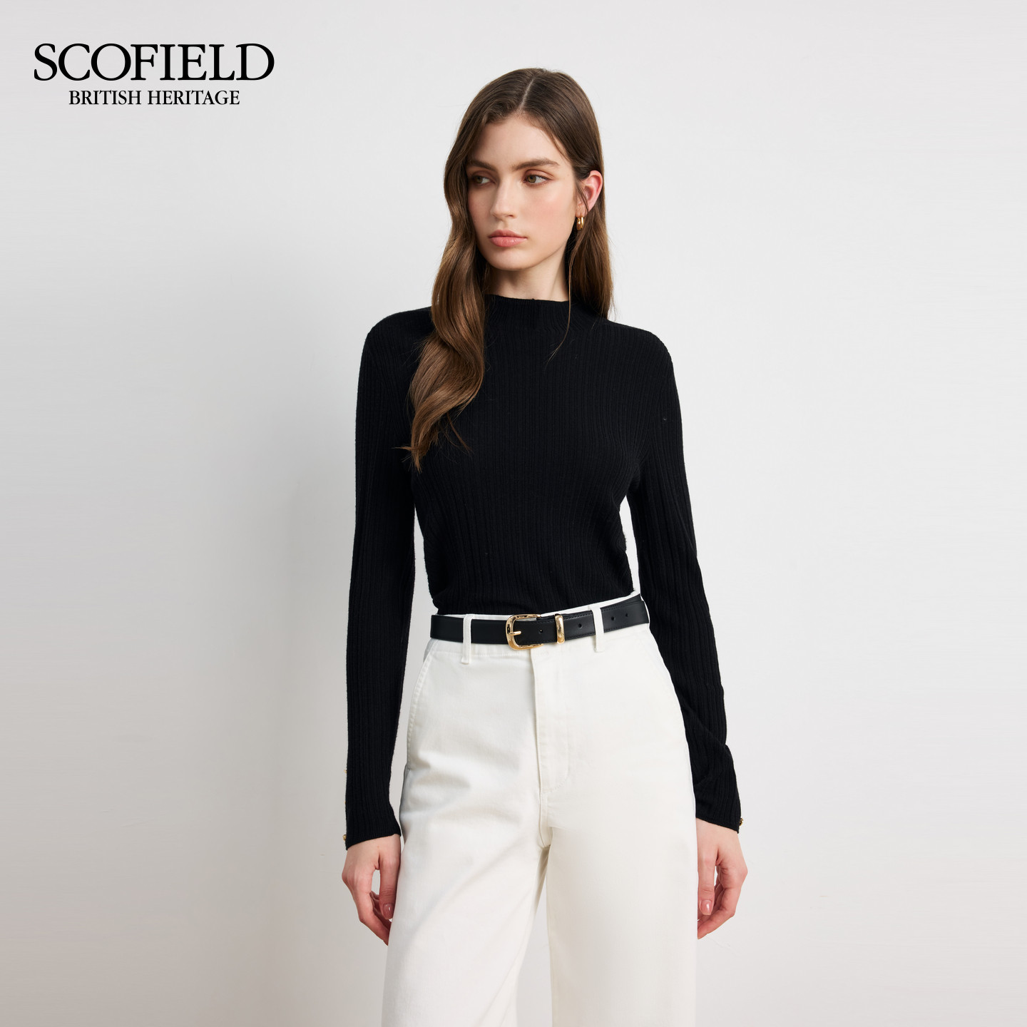 Scofield女半高领针织衫不规则坑条
