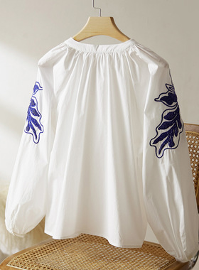 thankque花卉钉珠刺绣V领中袖休闲衬衫55117