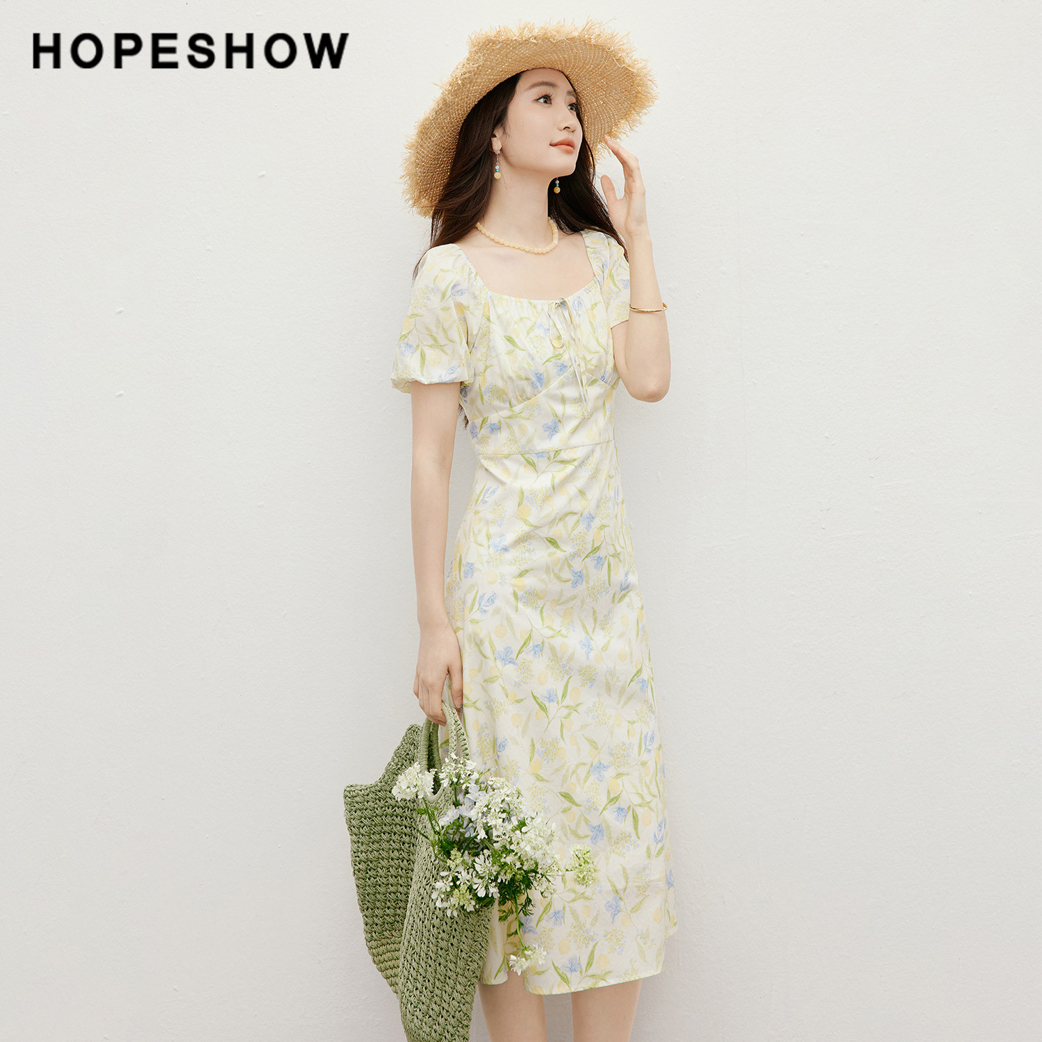 红袖100%棉连衣裙夏季女装撞色泡泡袖甜美碎花裙90126171603图片