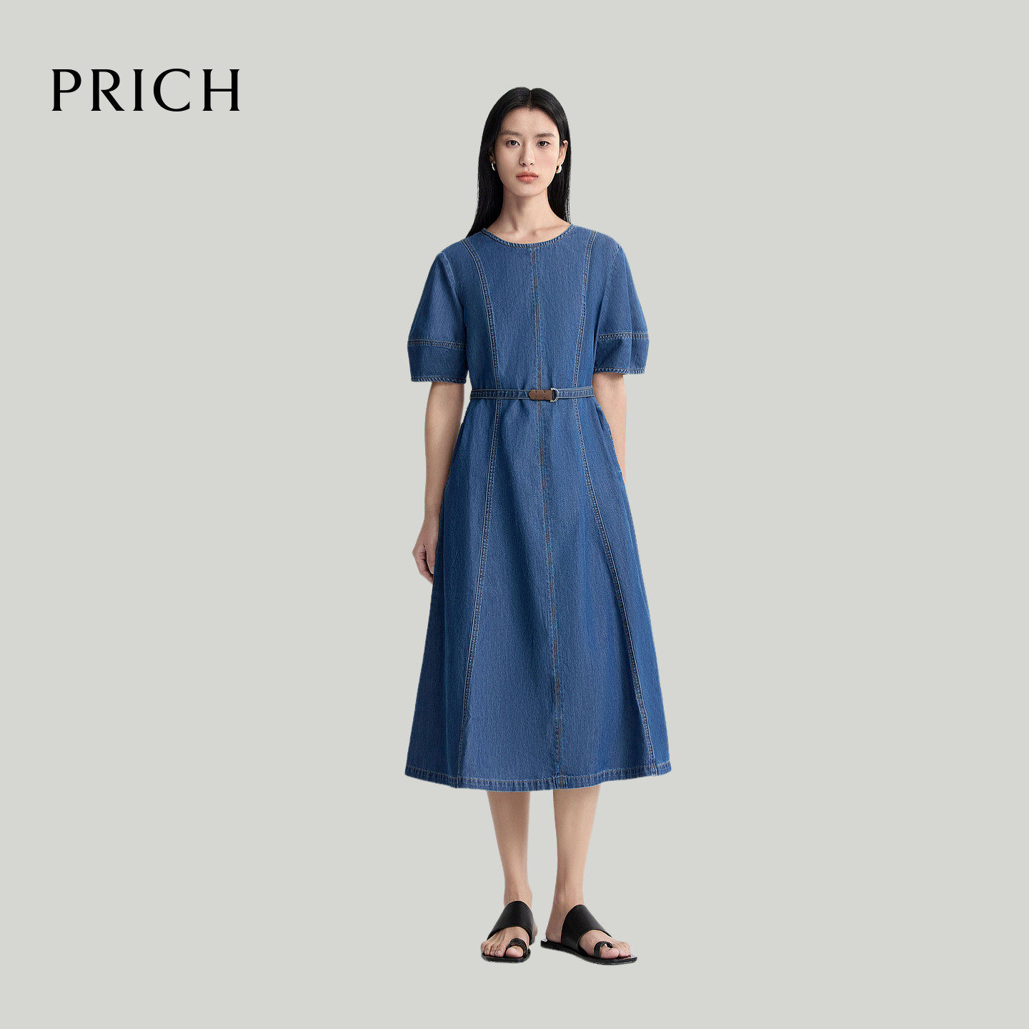 PRICH法式复古垂坠牛仔短袖连衣裙2026夏季新款休闲A摆收腰裙子女