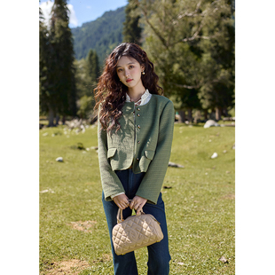 谜秀秋季单排扣圆领小香风短外套MXD42W0399