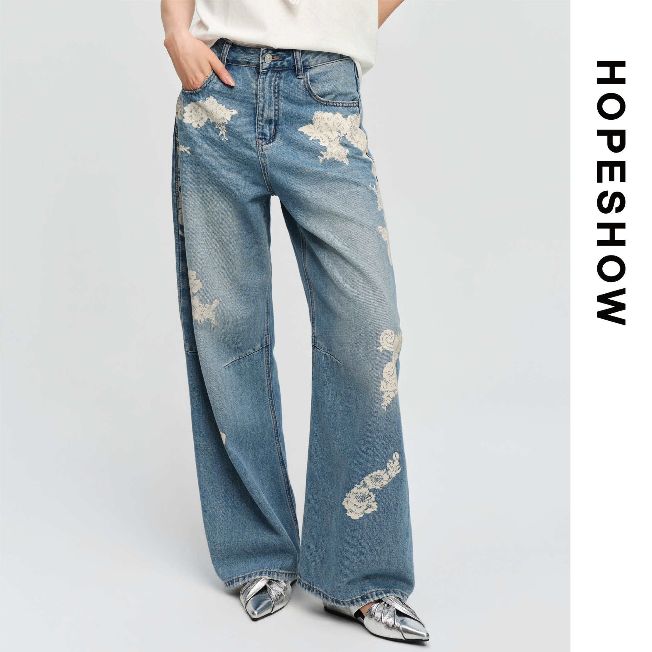 HOPESHOW红袖女士时尚简约复古蕾丝直筒显瘦牛仔裤89126221313