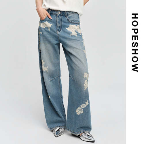 HOPESHOW红袖女士时尚简约复古蕾丝直筒显瘦牛仔裤89126221313