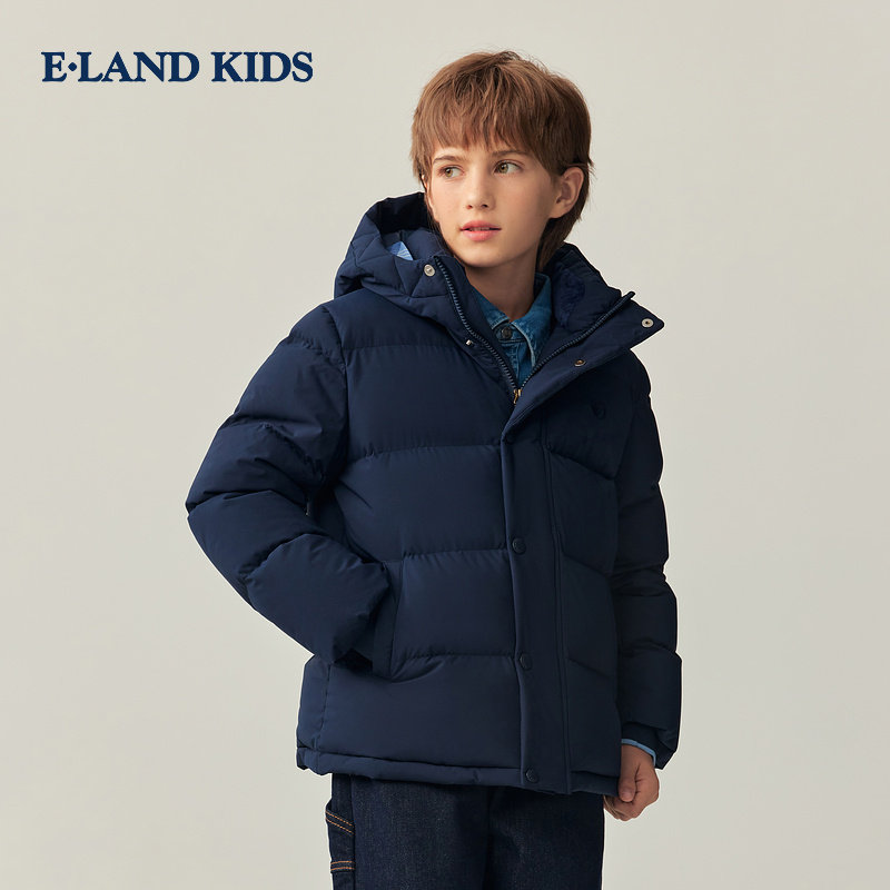 eland kids衣恋童装男童羽绒服2025年冬格纹连帽鸭绒EKJDF4T05A