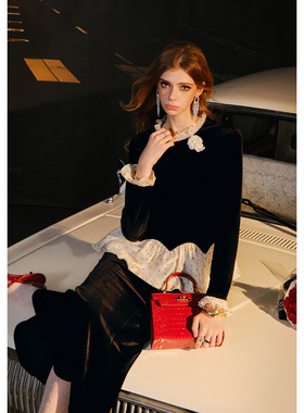 CHICHY法式赫本风黑色丝绒洋气显瘦上衣CC1E001254(不含半裙）