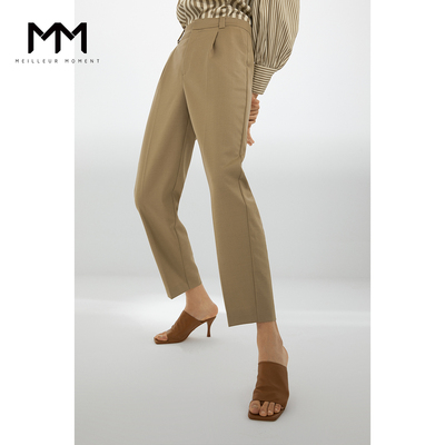 MM麦檬秋季卡其色休闲西装裤女羊毛高腰直筒裤599C252961