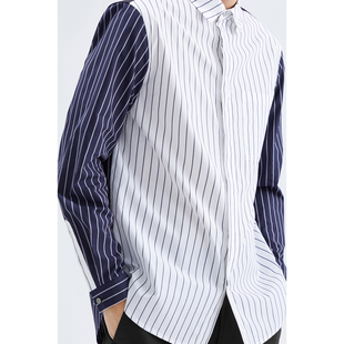 MM麦檬男装纯棉拼接撞色休闲长袖条纹衬衫男9D2220171