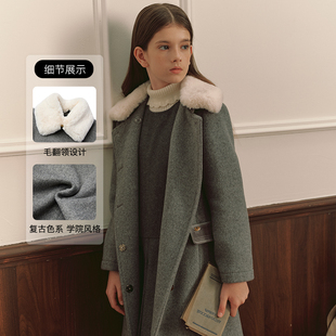 eland kids童装女童呢大衣2024年复古毛翻领单排扣EKJWE4V21A