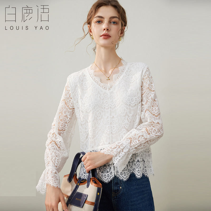 白鹿语气质镂空蕾丝衬衫25春款时尚v领套头长袖女式衬衣HY20164