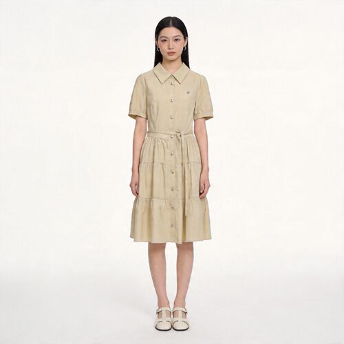 Teenie Weenie米色衬衫连衣裙女中长款收腰显瘦大摆裙TTOW26M405Z