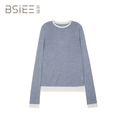 BSiEE本涩 拼接圆领打底长袖毛衣针织衫