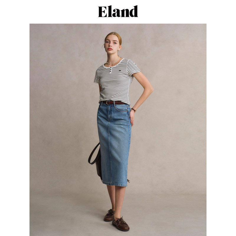 ElandT恤女学院风圆领撞色条纹 短袖上衣