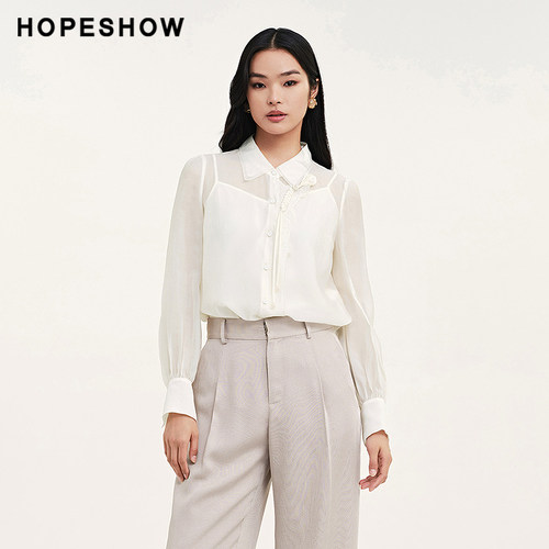 红袖/HOPESHOW蝴蝶刺绣衬衫秋季女单排扣翻领上衣89324290302