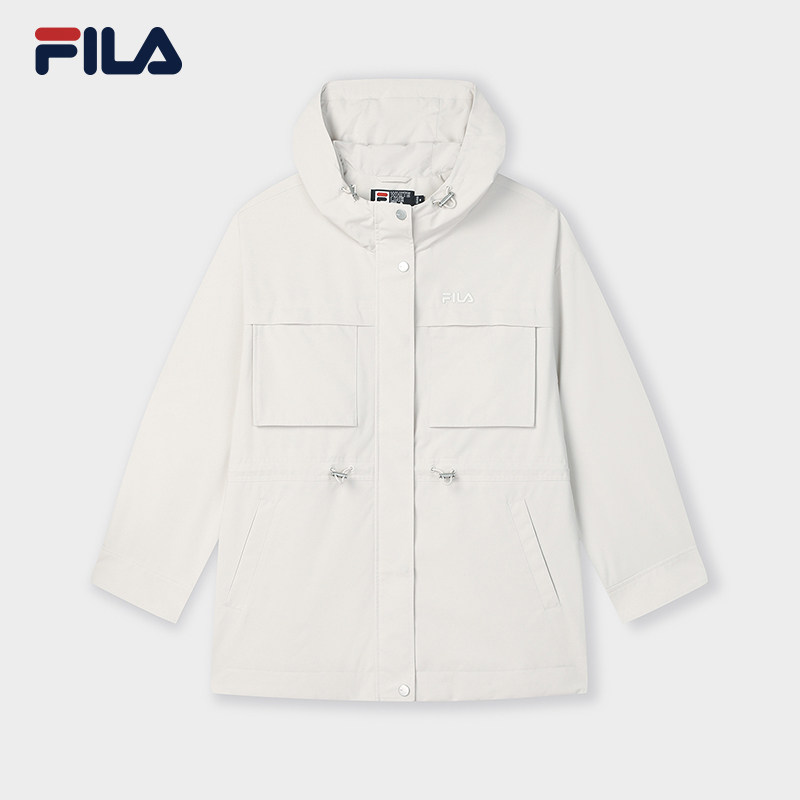 FILA 斐乐官方女梭织外套2025春中长款连帽风衣上衣F51W618799A