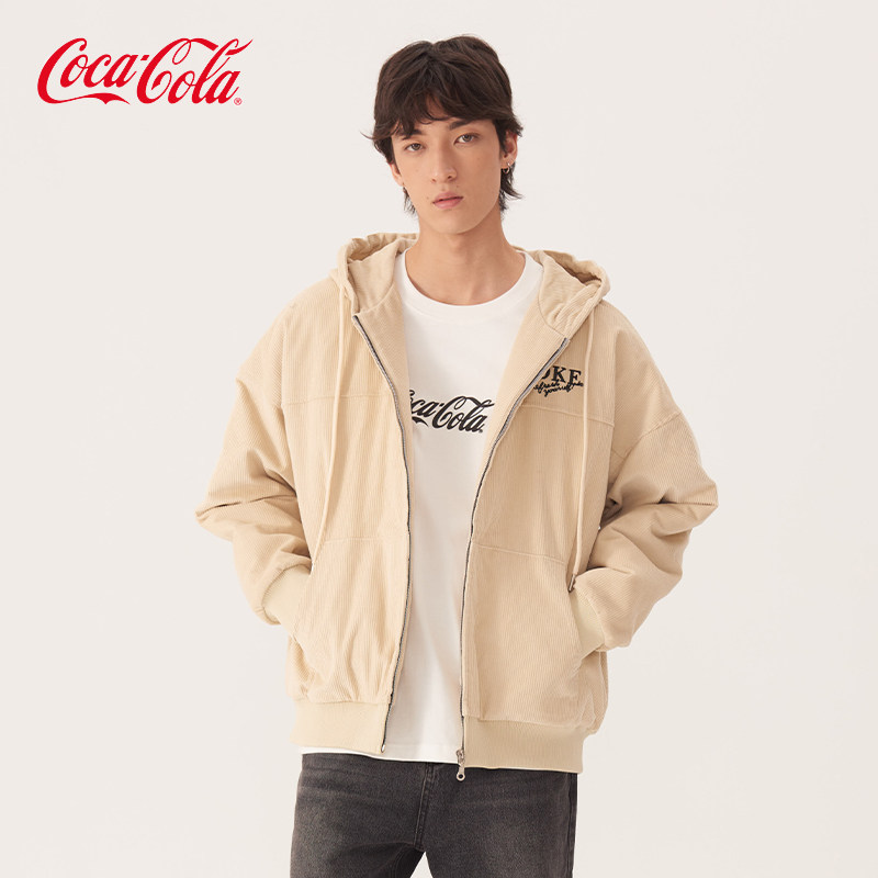 可口可乐Coke系列灯芯绒字母刺绣纯色简约连帽棉服外套男女同款