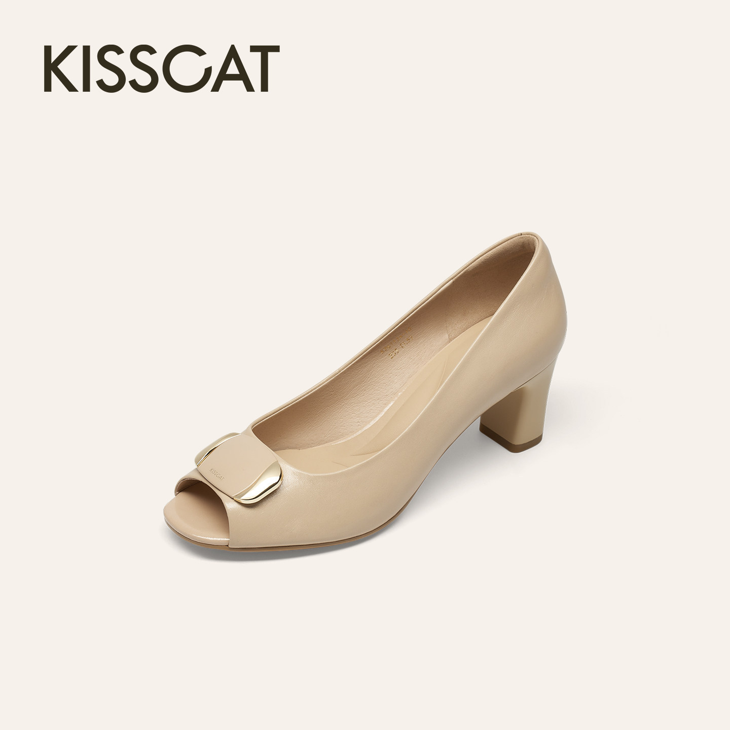 KISSCAT接吻猫[精致女人]鱼嘴鞋26新高跟鞋粗跟浅口K76113A-10