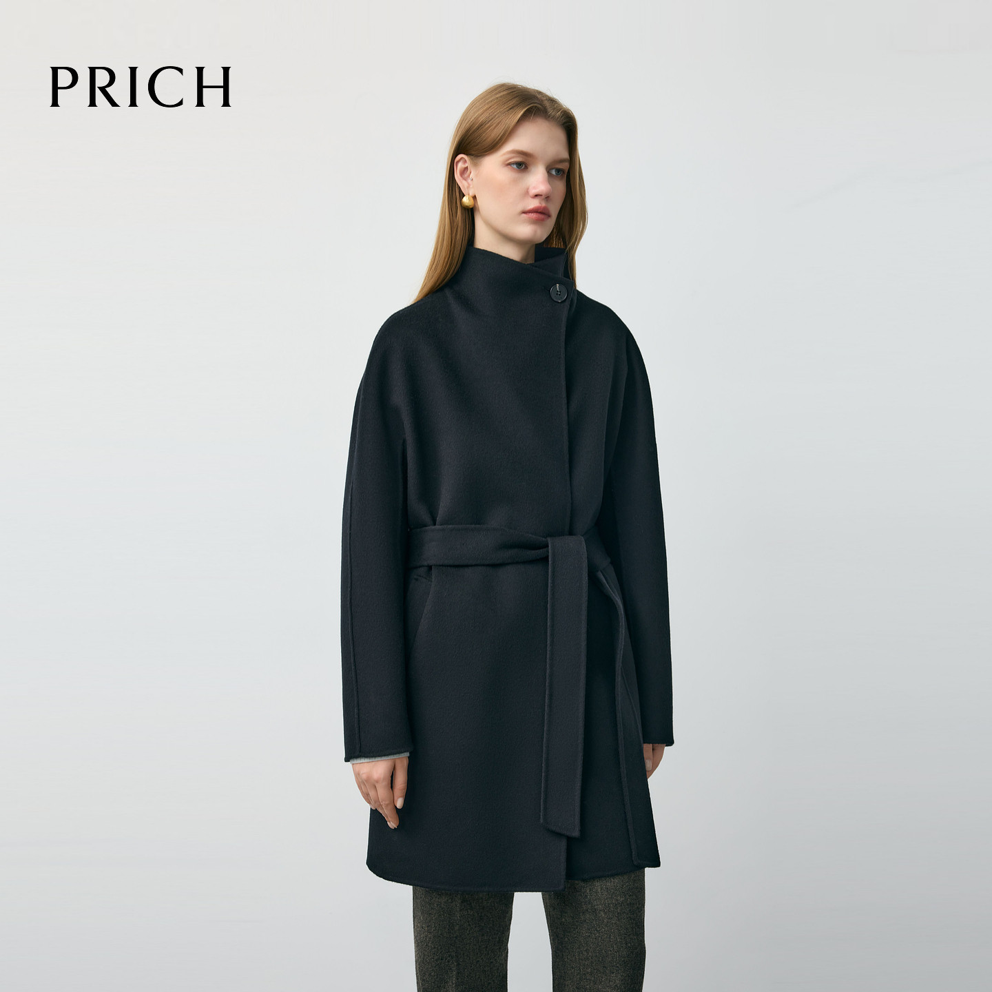 PRICH简约立领毛呢大衣2025冬季中长款外套女