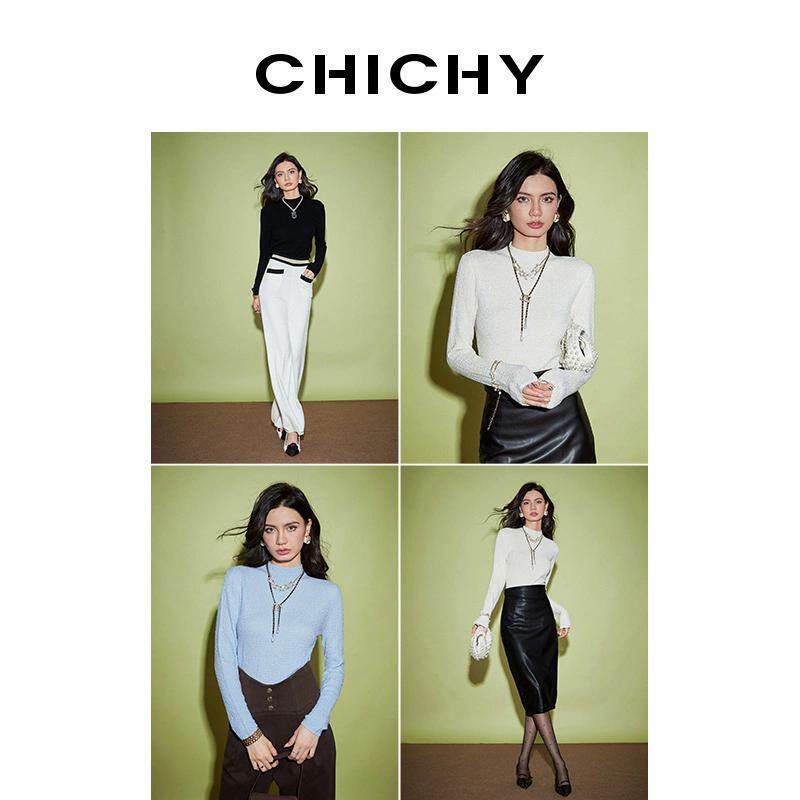 CHICHY松弛感名媛风黑白针织衫蓝色长袖修身上衣CC0D014234