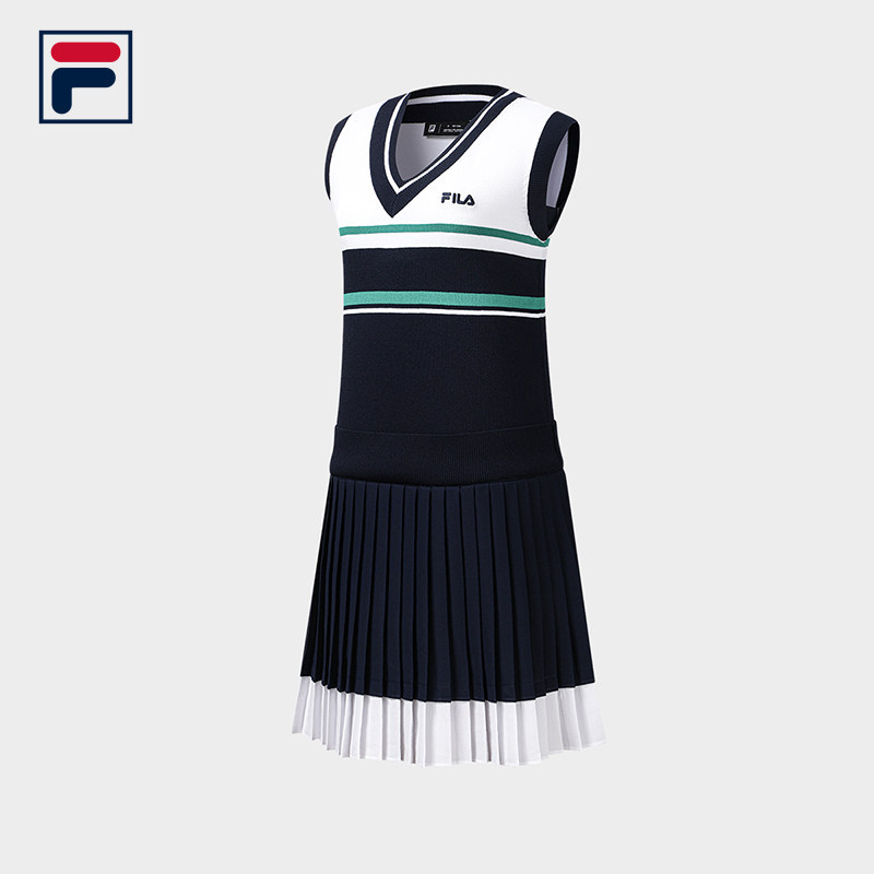 FILA 斐乐官方女苏珊裙编织裙2026秋V领背心裙百褶裙A11W633309F