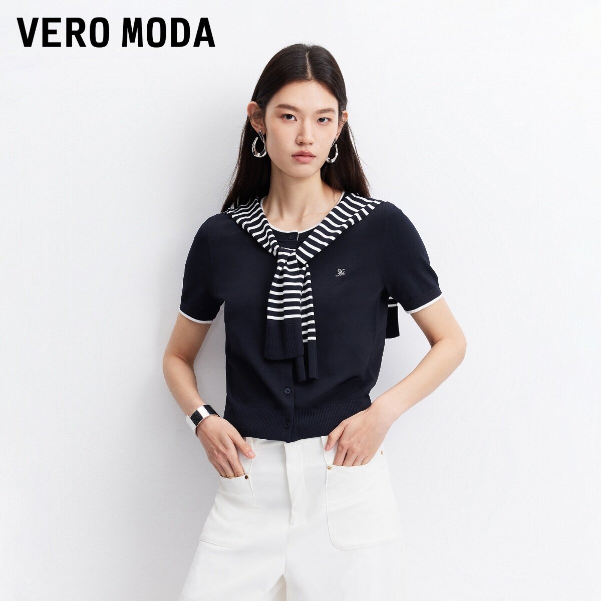 Vero Moda针织衫女2026秋季新款可拆披肩撞色条罗纹上衣326324031