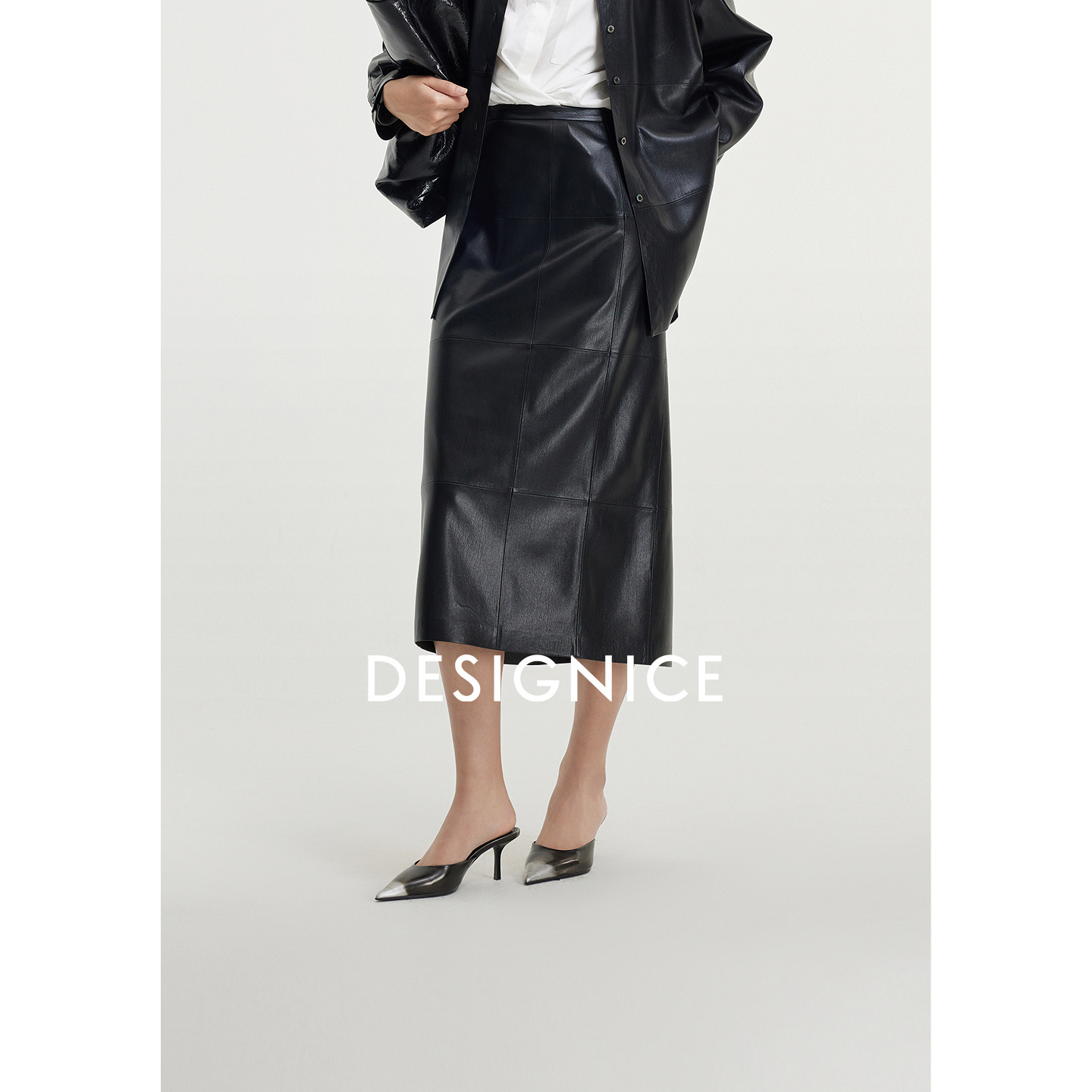 迪赛尼斯 通勤宽松直筒皮裙气质黑色高腰 半身裙D24321C8555