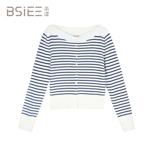 BSiEE本涩设计感船型领条纹针织开衫上衣女