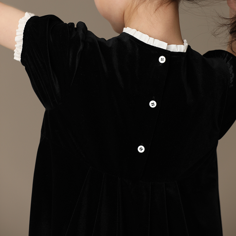 哈齿童装夏季女童亲子圆领系扣黑色金丝绒A字短袖公主连衣裙