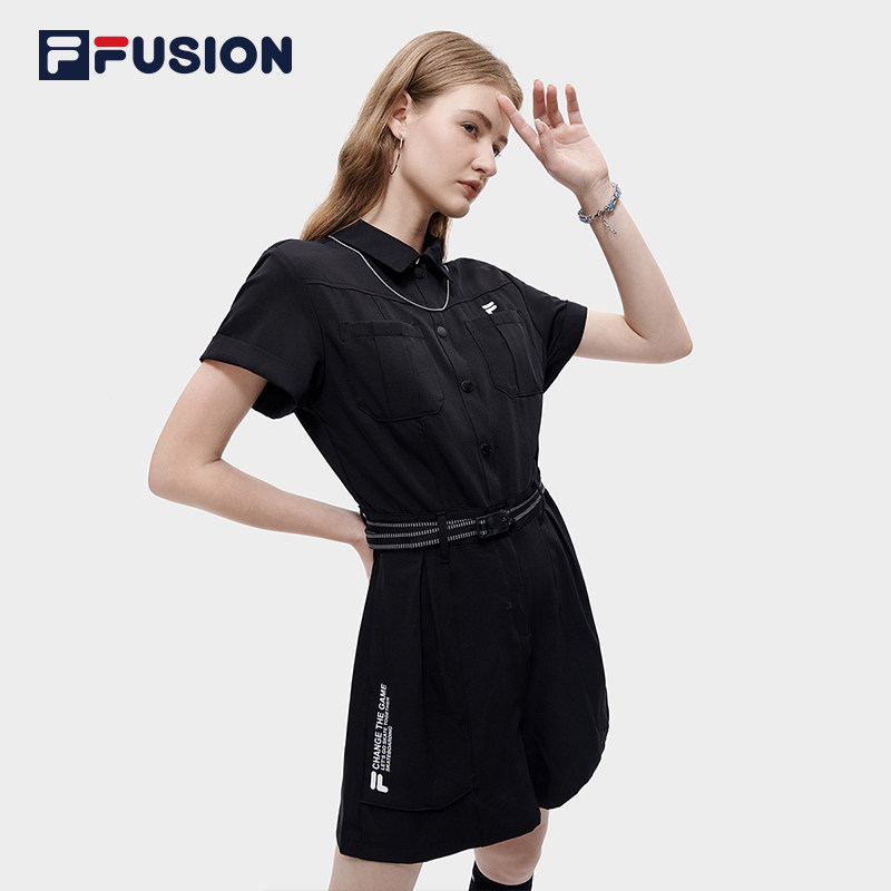 FILA FUSION斐乐潮牌梭织连体裤2023夏宽松短裤女T11W321502B