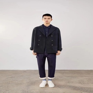 麦檬男装新款藏青毛呢外套男大衣9DA170131