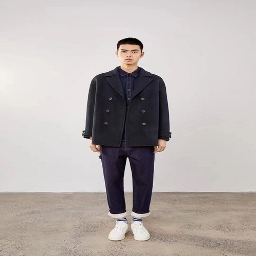 麦檬男装新款藏青毛呢外套男大衣9DA170131