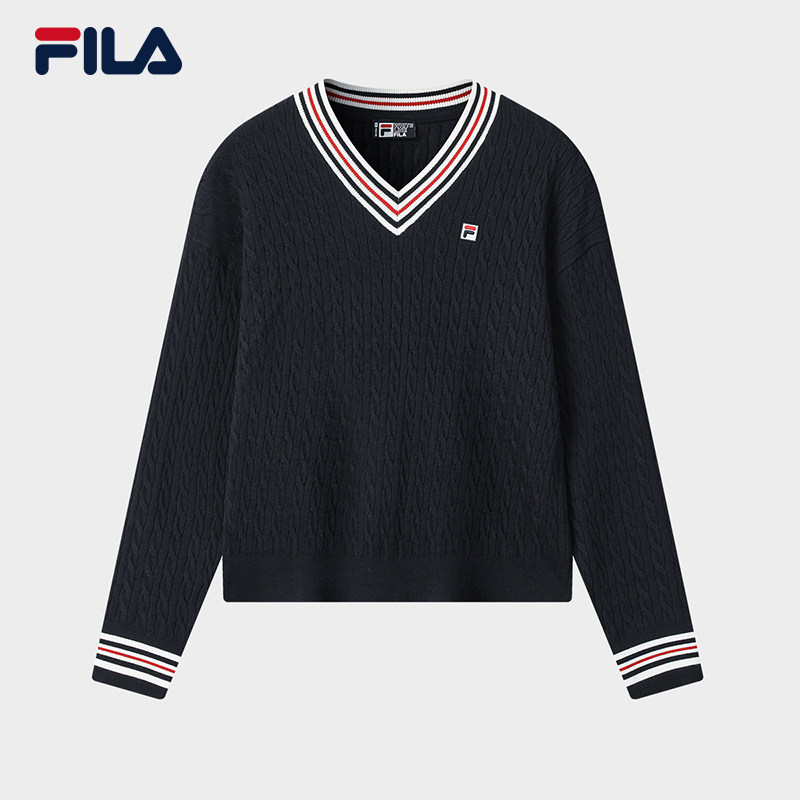 FILA 斐乐官方长袖编织衫女2025冬季新款V领保暖毛衣F11W548419F