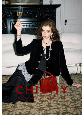 CHICHY法式名媛黑色丝绒高级修身拼接设计感外套CC2O003261