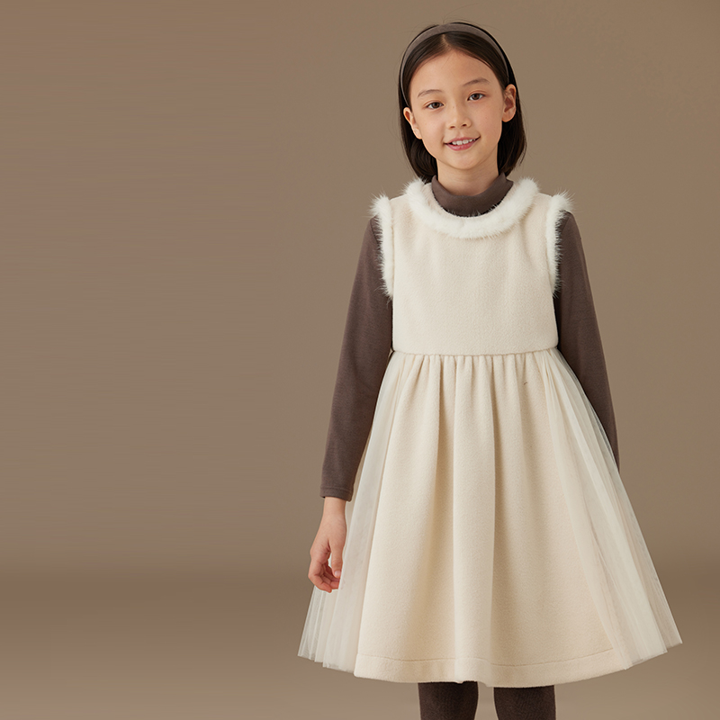 哈齿童装2023冬季保暖加厚毛毛拼接网纱公主无袖背心连衣裙女