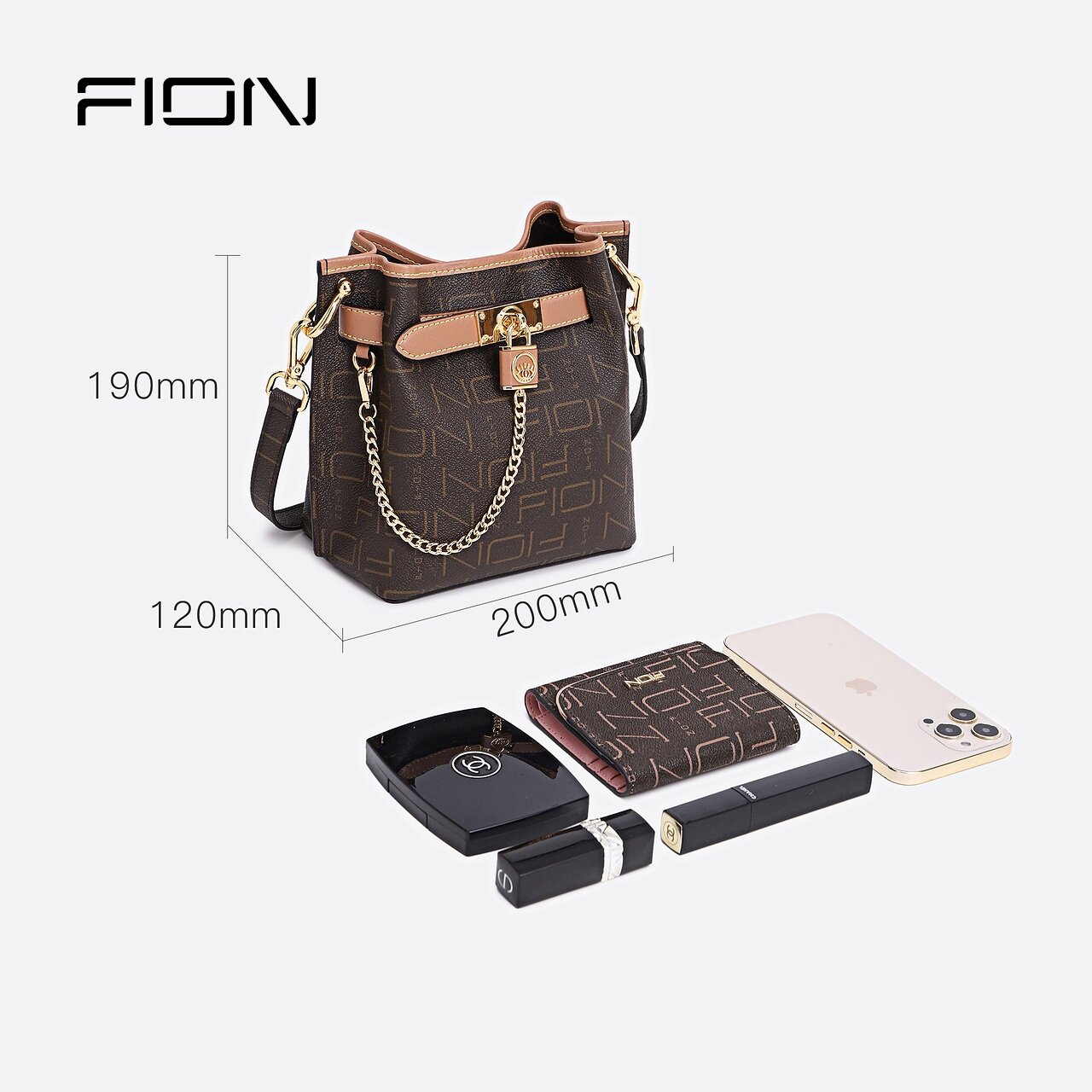 Fion/菲安妮老花水桶包 时尚高级设计轻奢斜挎单肩女包FAAFJLD004
