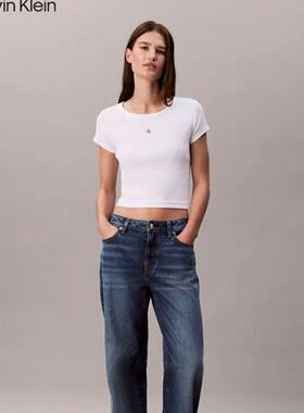 CK Jeans25早秋女士时尚罗纹修身辣妹正肩短款短袖T恤47C200G