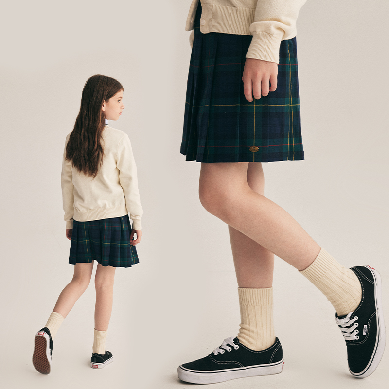 eland kids童装2024年早春女童复古学院风百褶半身短裙