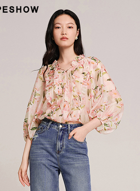 红袖商场同款HOPESHOW碎花雪纺衫秋季女插肩袖木耳边上衣
