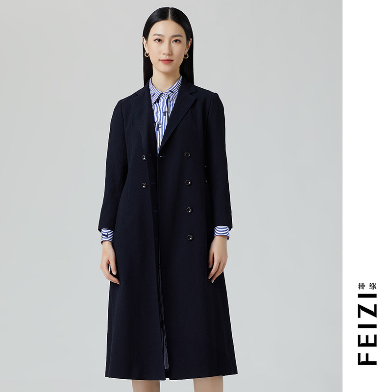 菲姿高级感拿铁色毛呢风衣女中长款加厚秋冬双排扣廓形外套FZ619