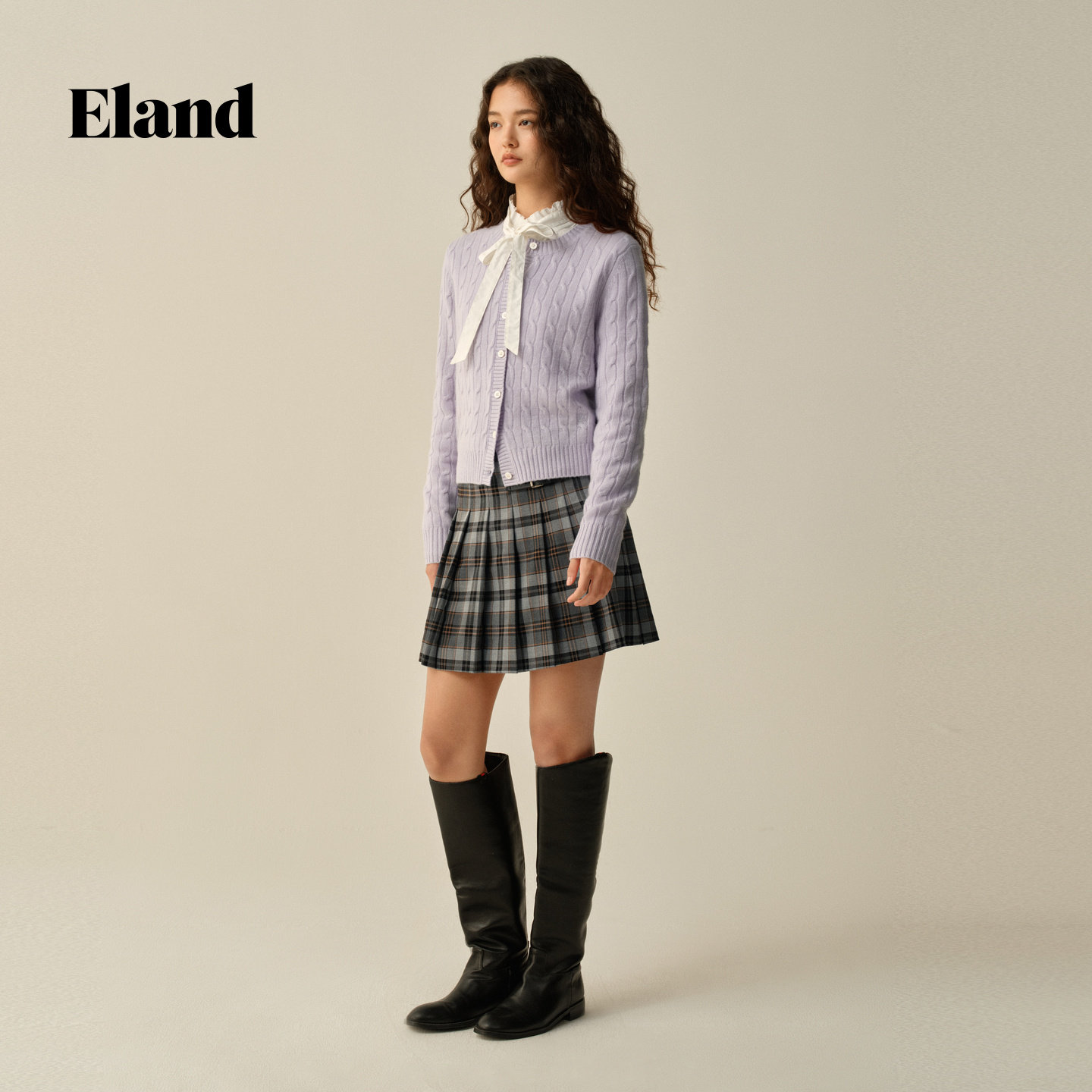 Eland针织衫女短款圆领开衫毛衣