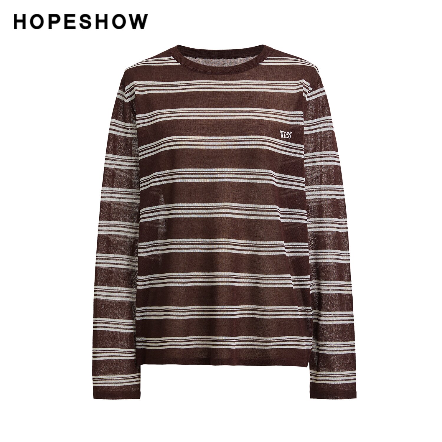 红袖商场同款HOPESHOW2026春季撞色条纹刺绣落肩长袖针织衫图片