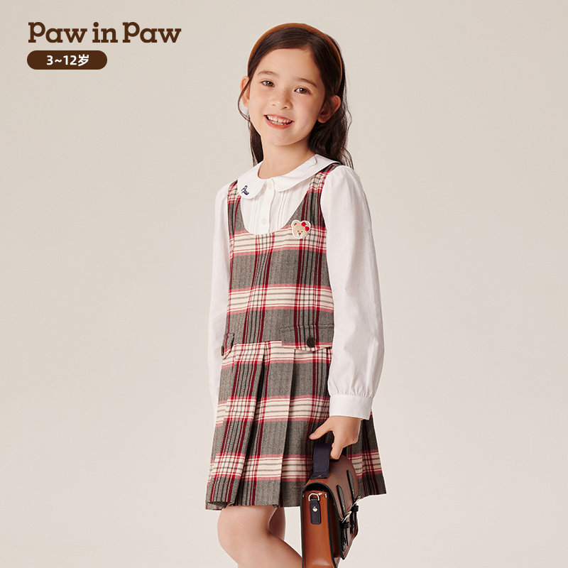 PAWINPAW卡通小熊童装女童套格子连衣裙学院PCOWE3821M